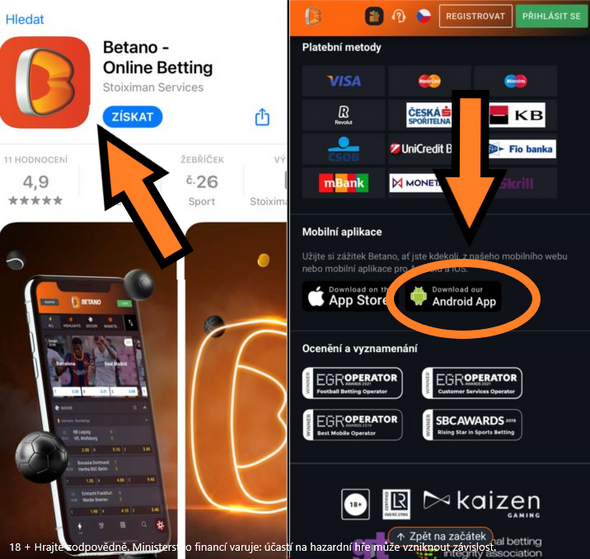 App Store pro Iphone stažení a web Betano pro stažení na zařízení s Androidem